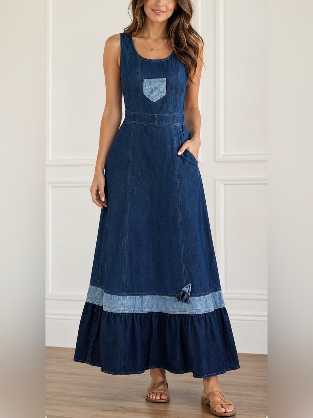 Vintage Patchwork Denim Maxi Dress Size 8 Western Boho Cottage Blue